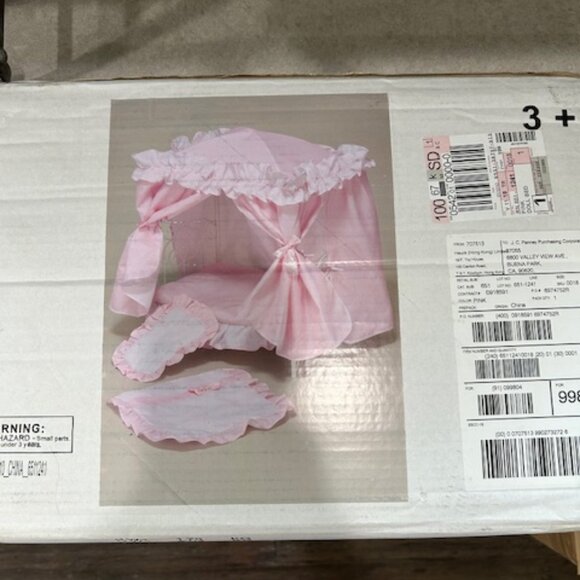 Pink Gingham Doll Bed W/ Canopy White Scroll Metal fits approx 18" NIB - Picture 2 of 5